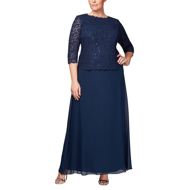 Alex Evenings Women's Plus Size Stretch Lace Bodice Mock One Piece Gown, Navy, 16W - Image 4